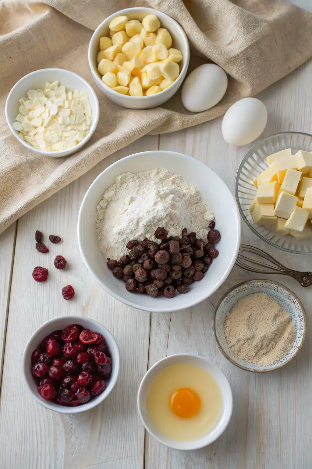 White Chocolate Cranberry Cookies beautifully presented from an overhead angle