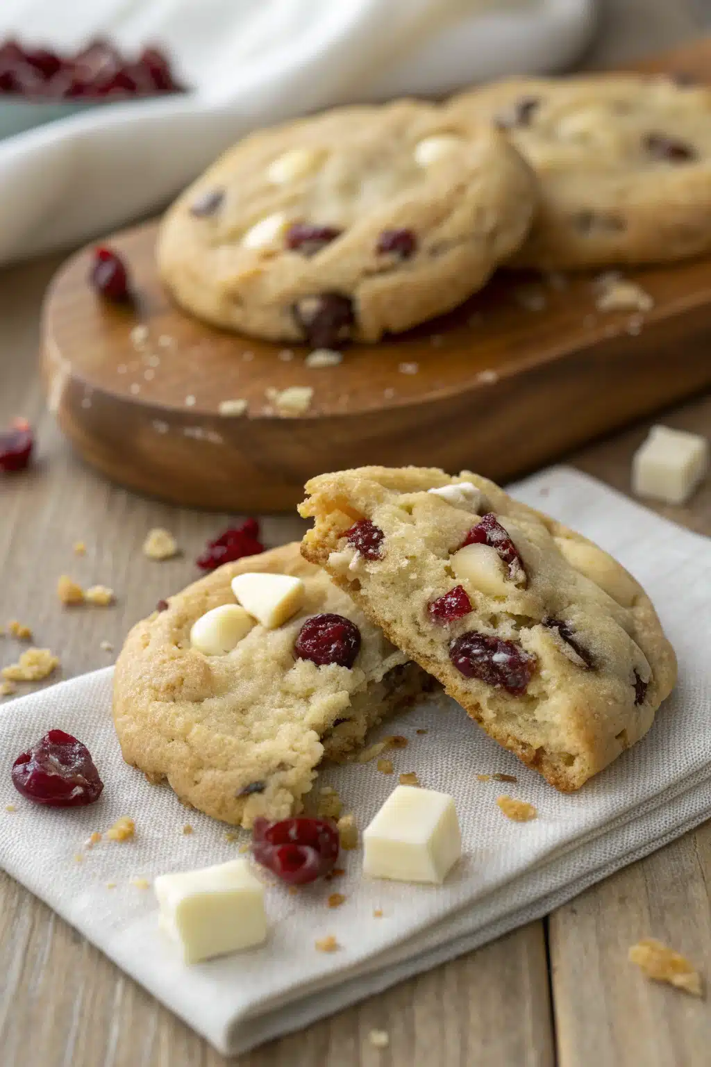 White Chocolate Cranberry Cookies slice on plate showing perfect texture and swirl pattern