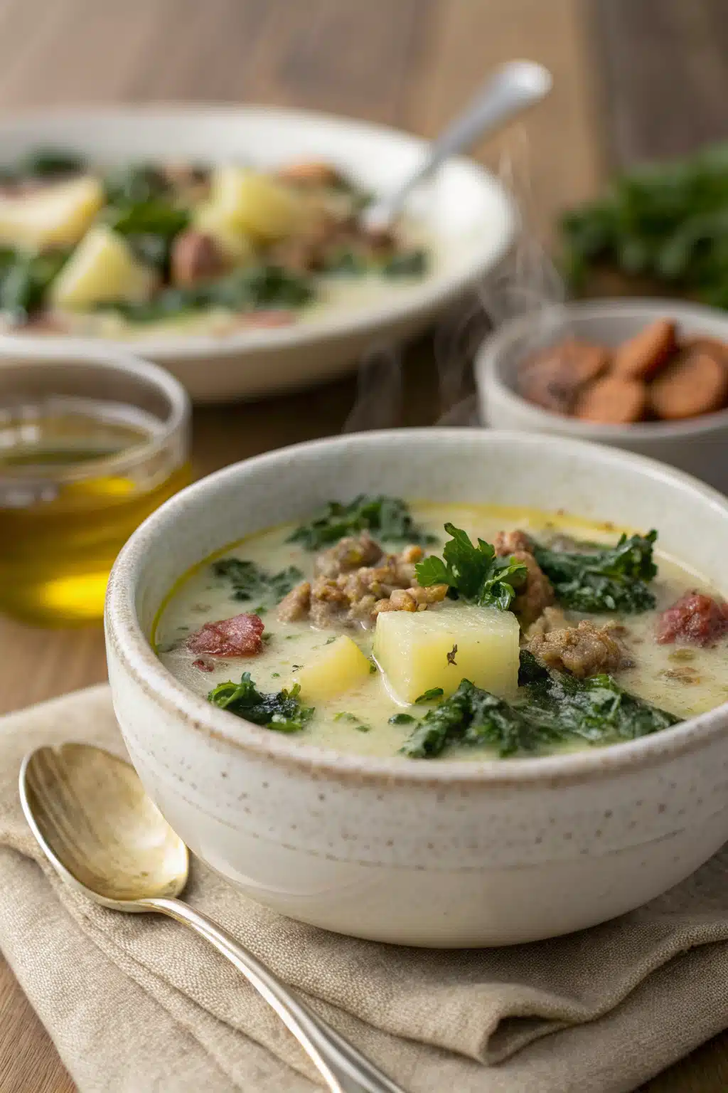 Zuppa Toscana ingredients organized and measured on kitchen counter