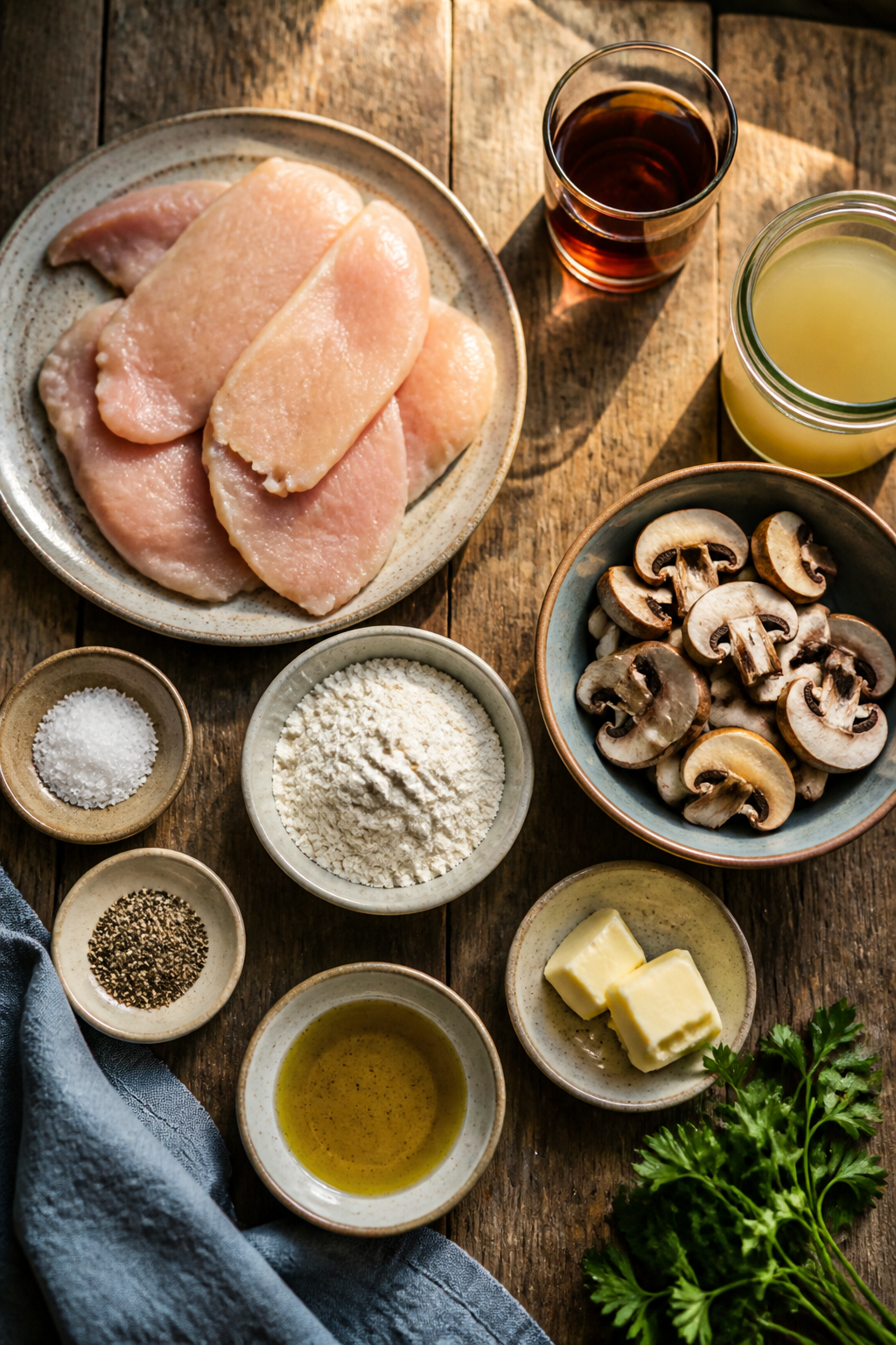 30 minute chicken marsala ingredients arranged for preparation