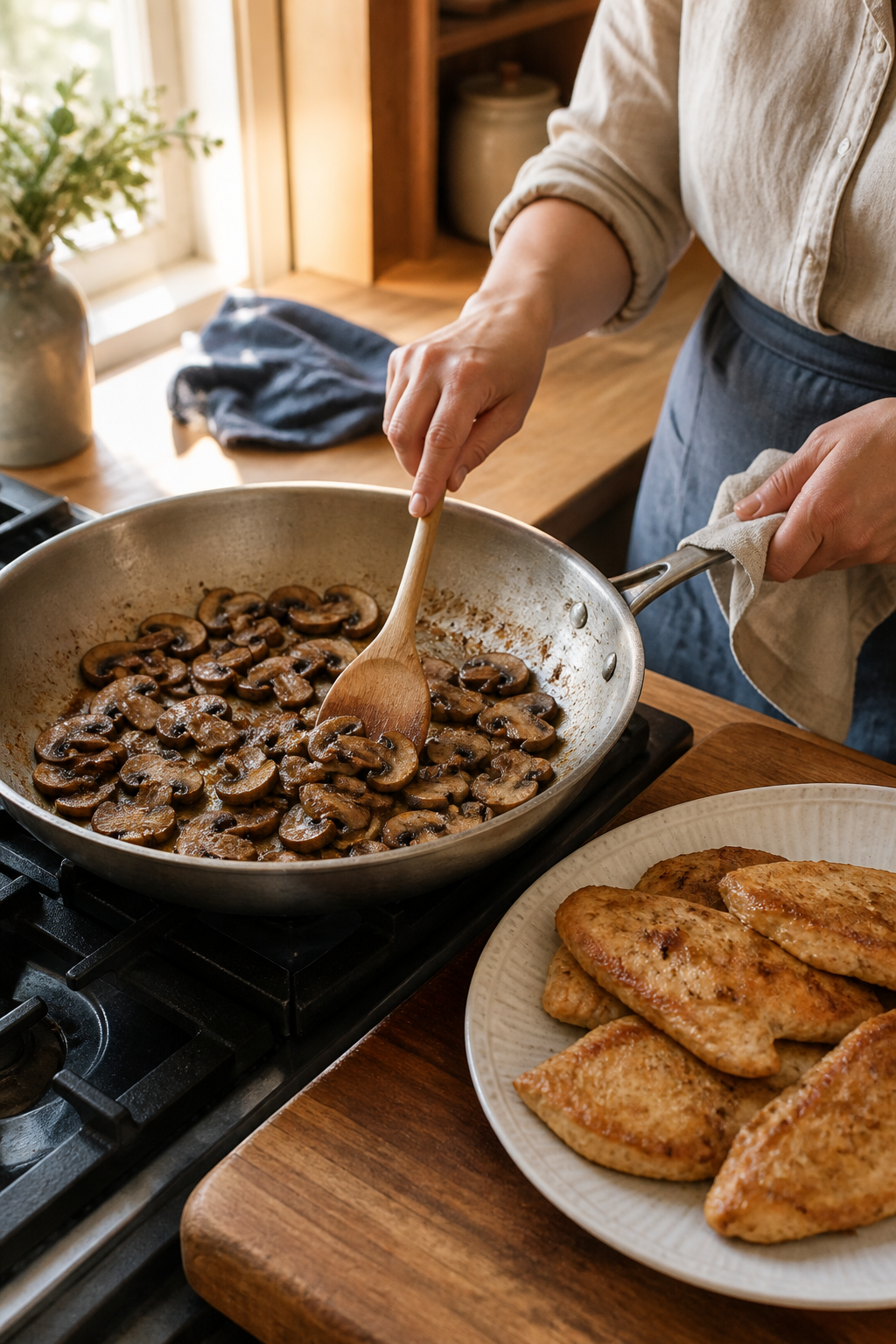 Preparing 30 minute chicken marsala in the reserved kitchen scene