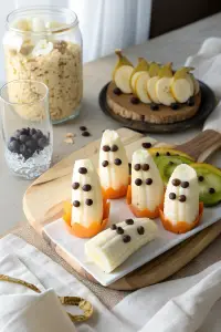 Banana ghost snacks with chocolate chip faces