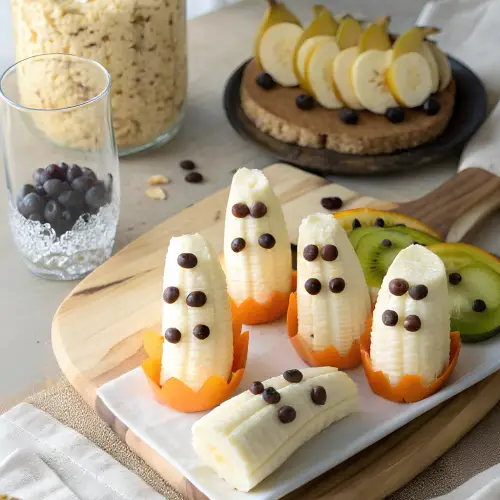 Banana ghost snacks with chocolate chip faces
