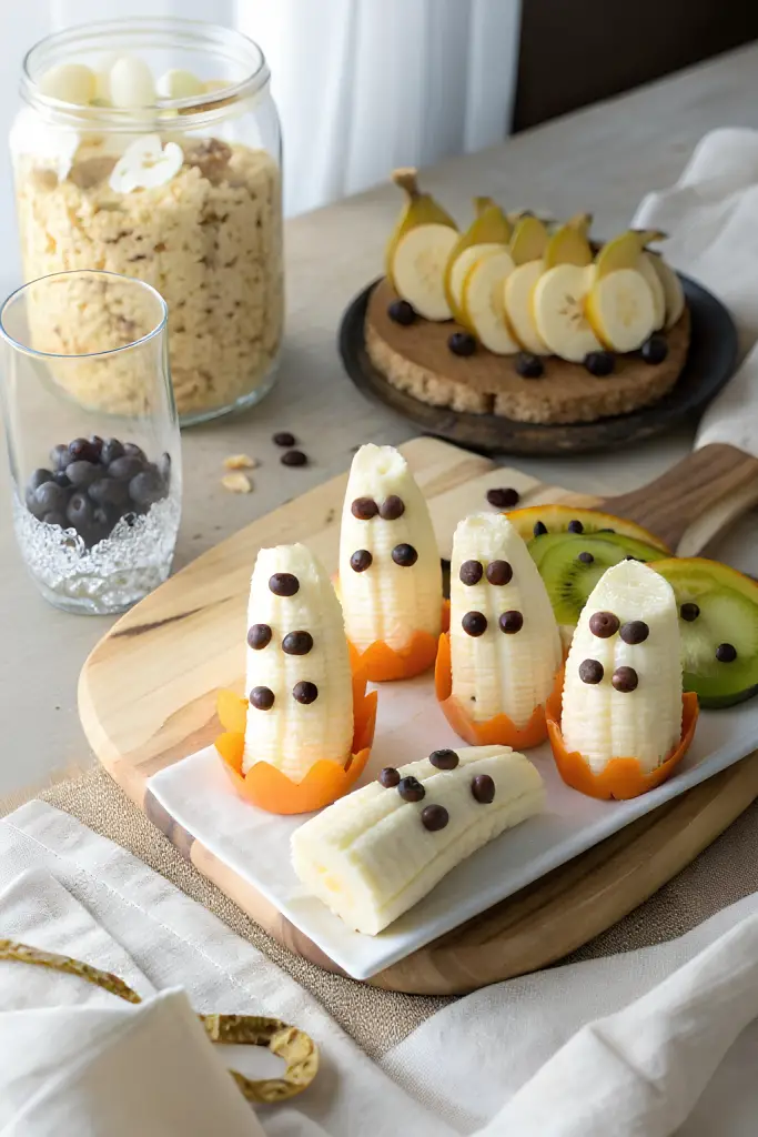 Banana ghost snacks with chocolate chip faces