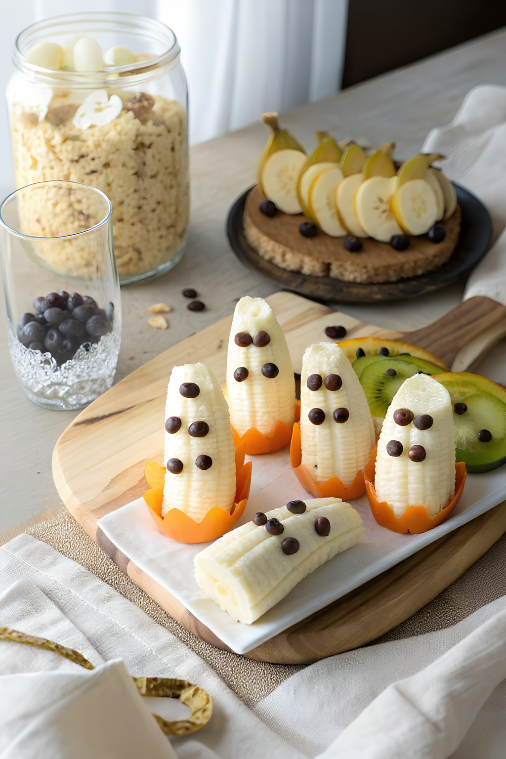 Banana ghost snacks with chocolate chip faces