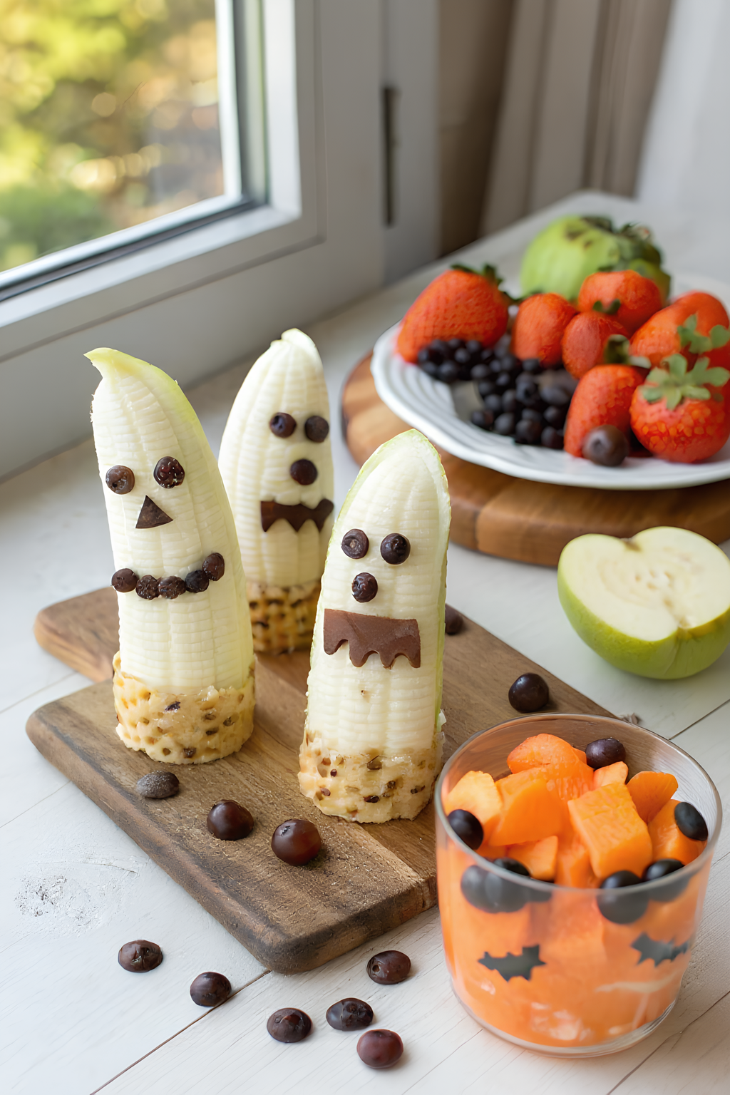 Close healthy Halloween banana ghosts