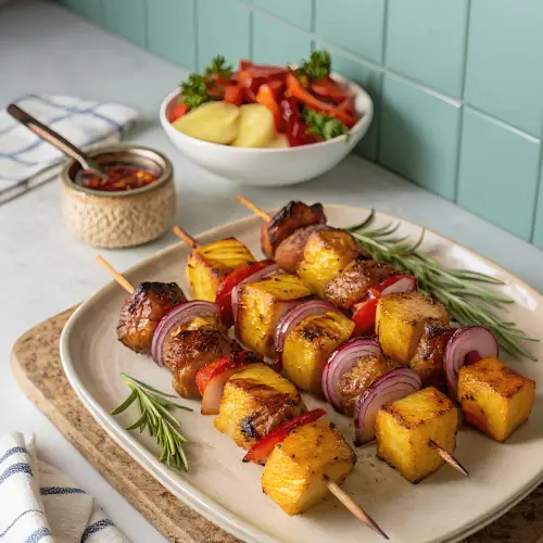 Finished BBQ pineapple chicken kabobs ready to serve