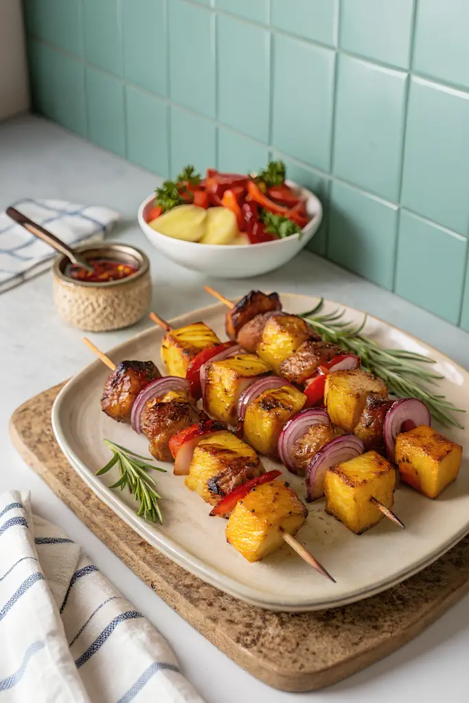 Finished BBQ pineapple chicken kabobs ready to serve
