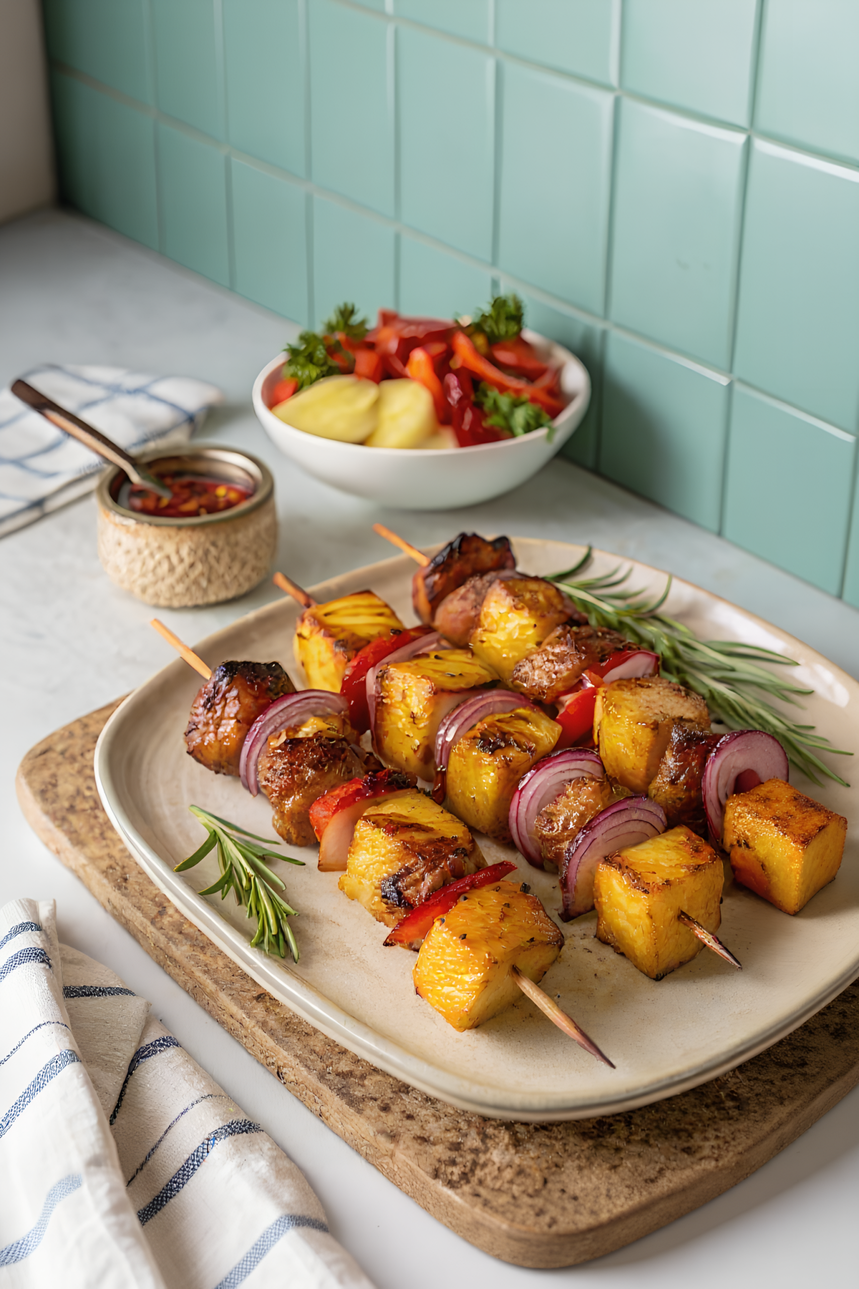 Finished BBQ pineapple chicken kabobs ready to serve
