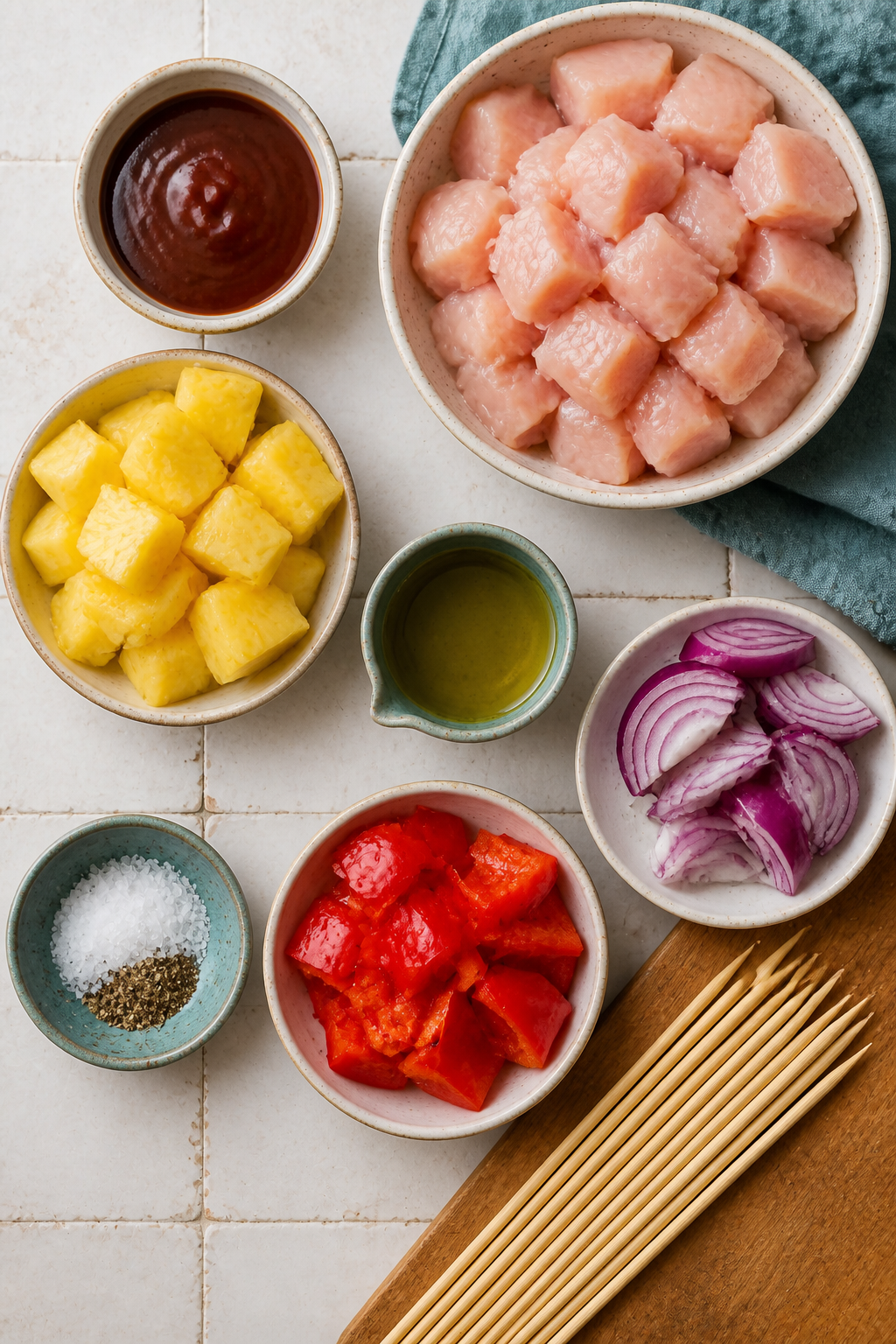 Ingredients arranged for BBQ pineapple chicken kabobs
