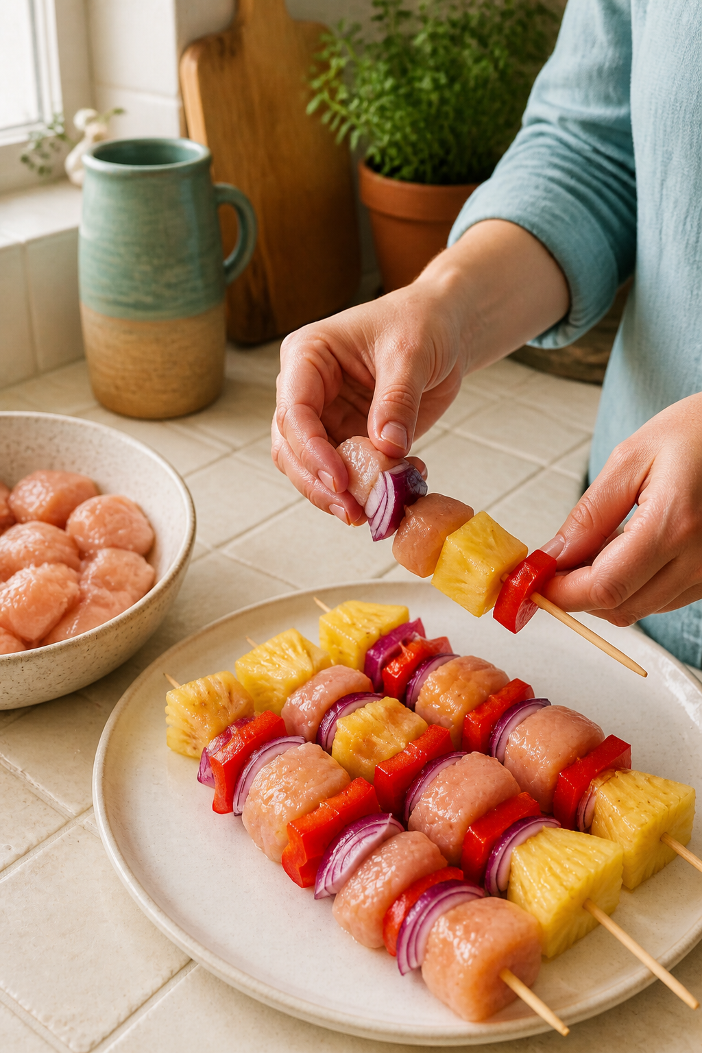Preparing BBQ pineapple chicken kabobs step by step