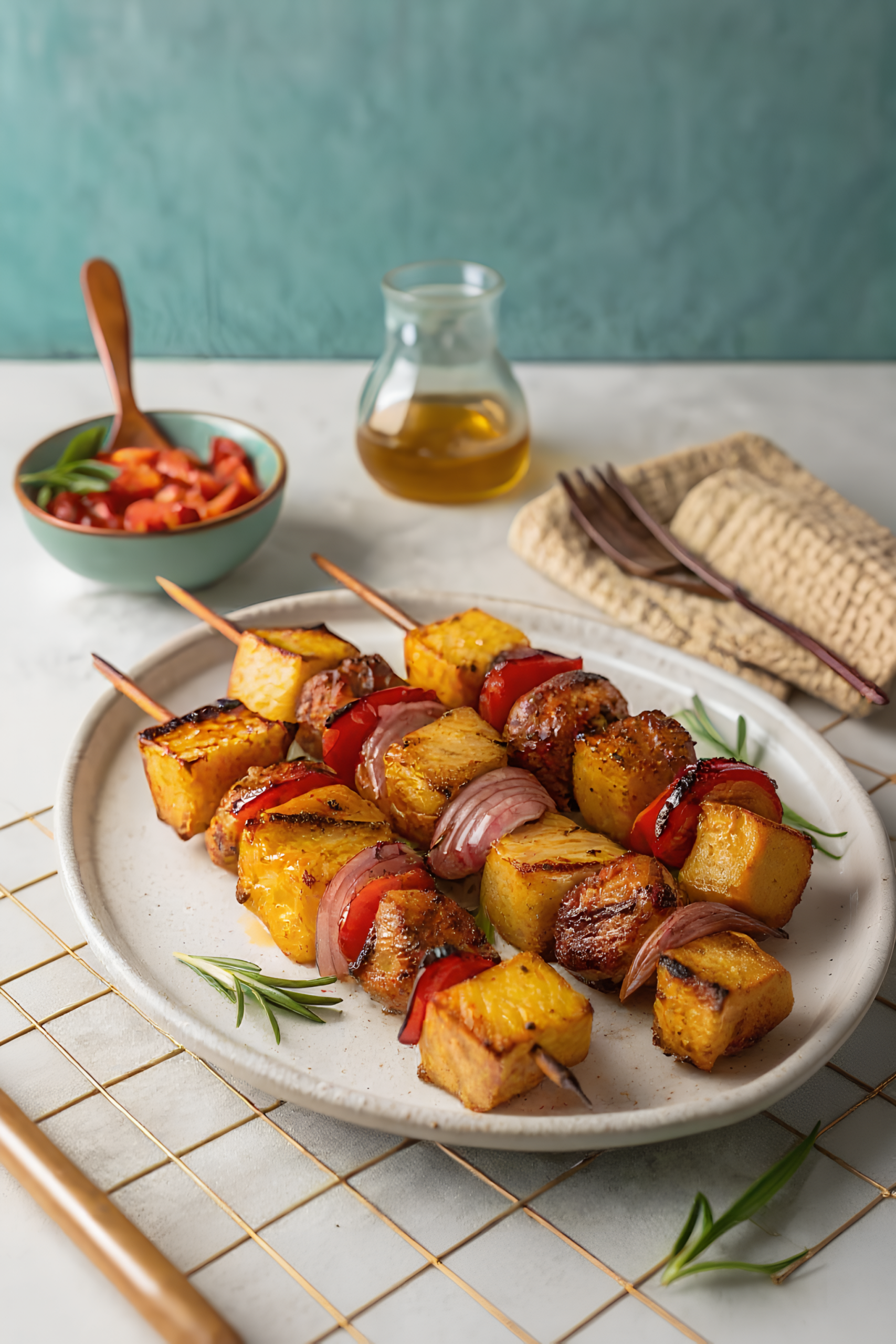 Close view of the finished BBQ pineapple chicken kabobs