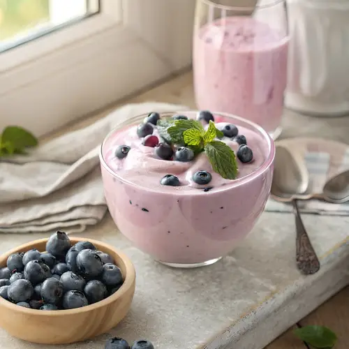 Blueberry quark cream in a ceramic breakfast bowl