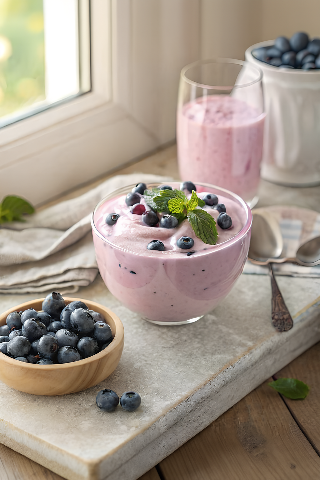 Blueberry quark cream in a ceramic breakfast bowl