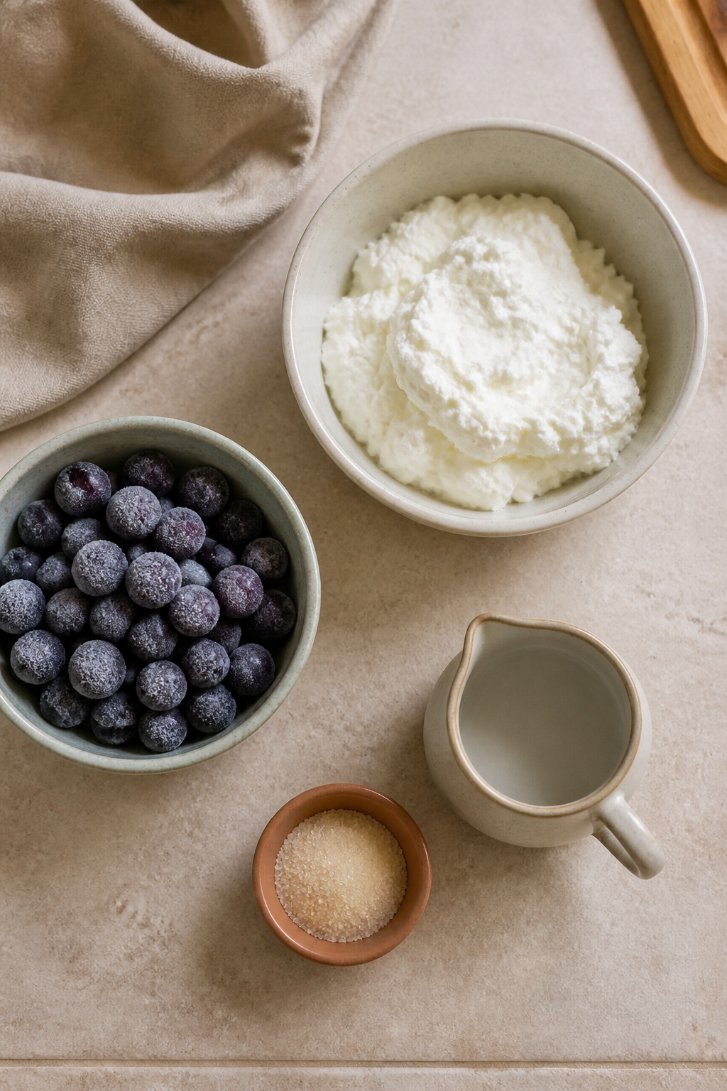 Blueberry quark cream ingredients on a cream stone counter