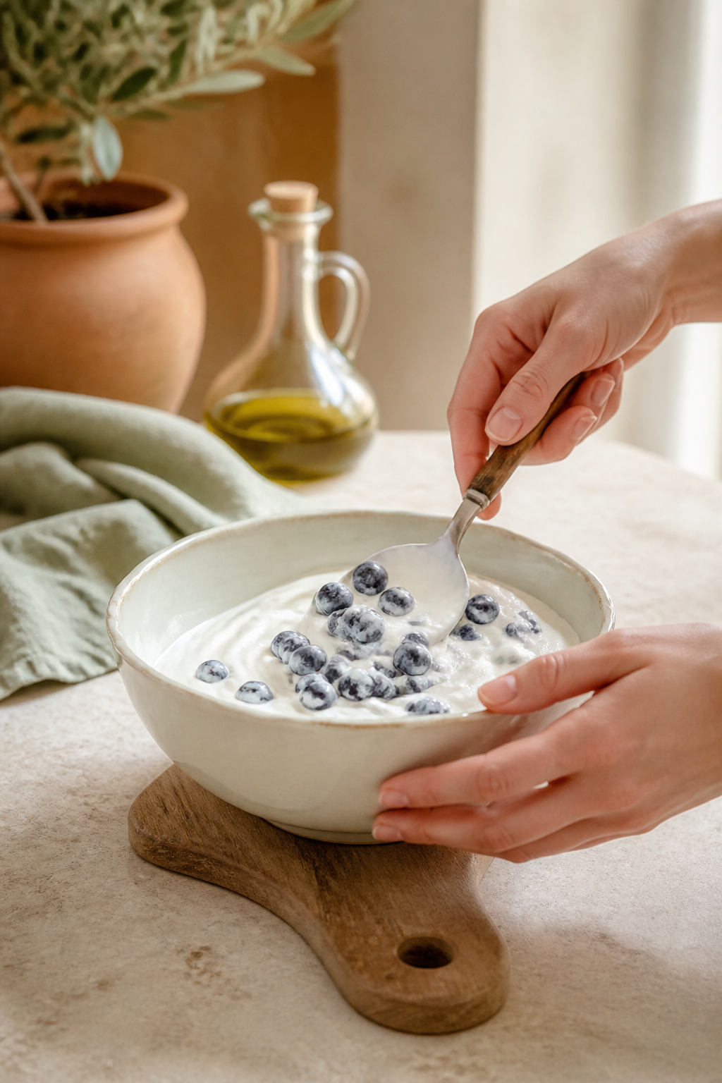Frozen blueberries being folded into smooth quark cream