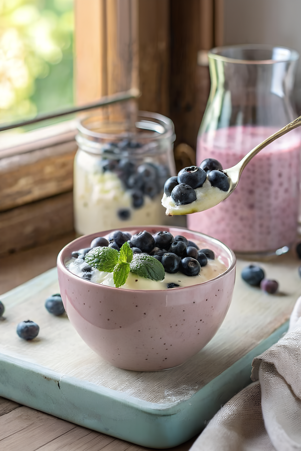 Cold blueberry quark cream with visible berries