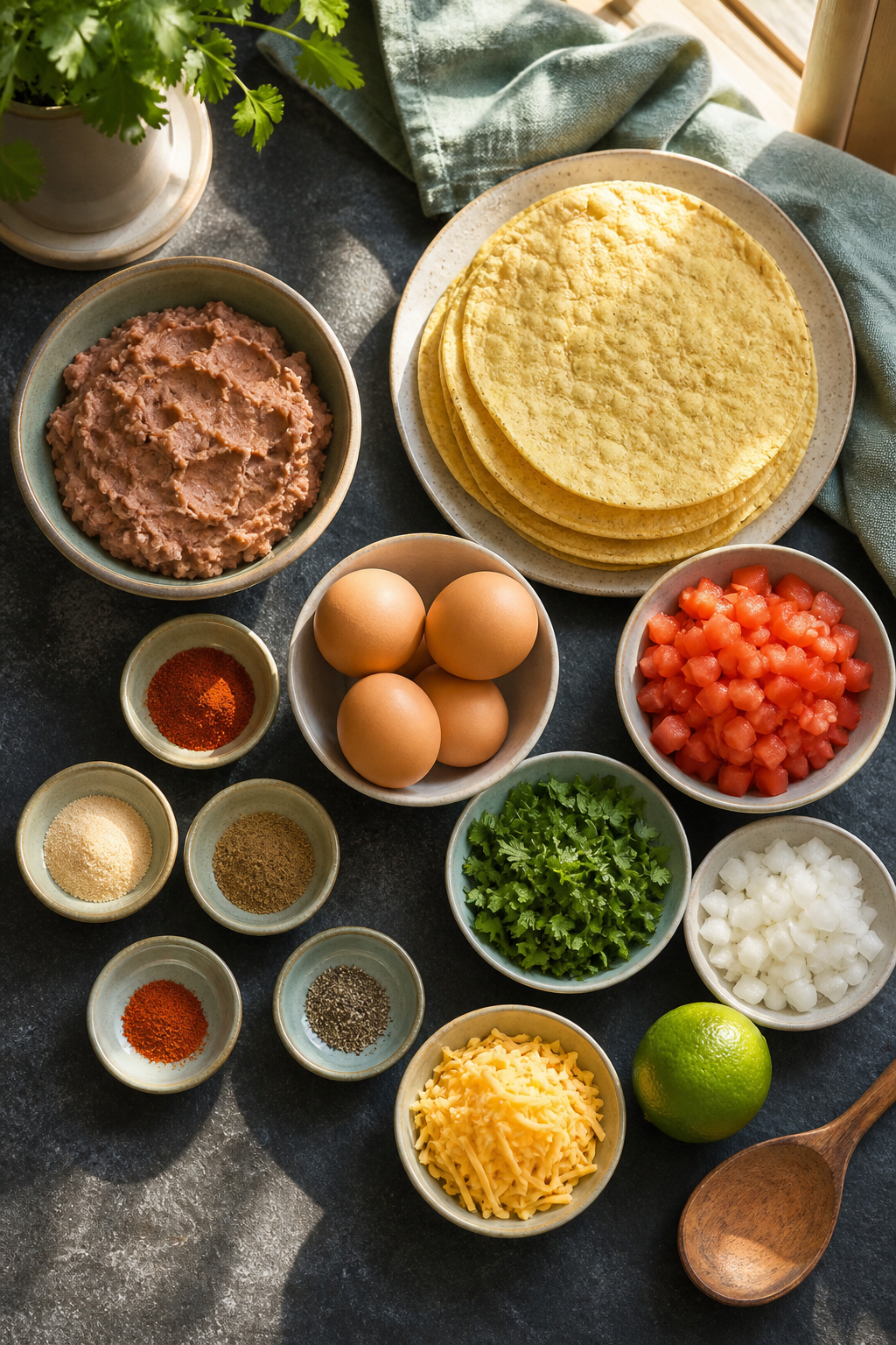 Ingredients arranged for breakfast tostadas