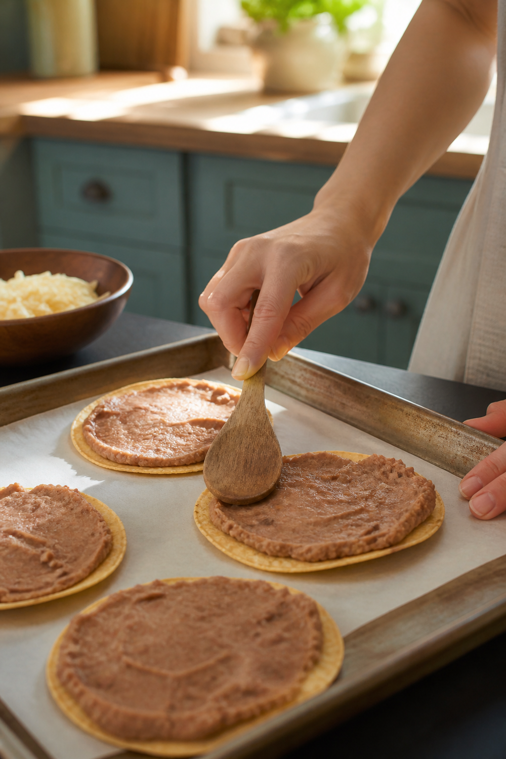 Spreading seasoned beans for breakfast tostadas