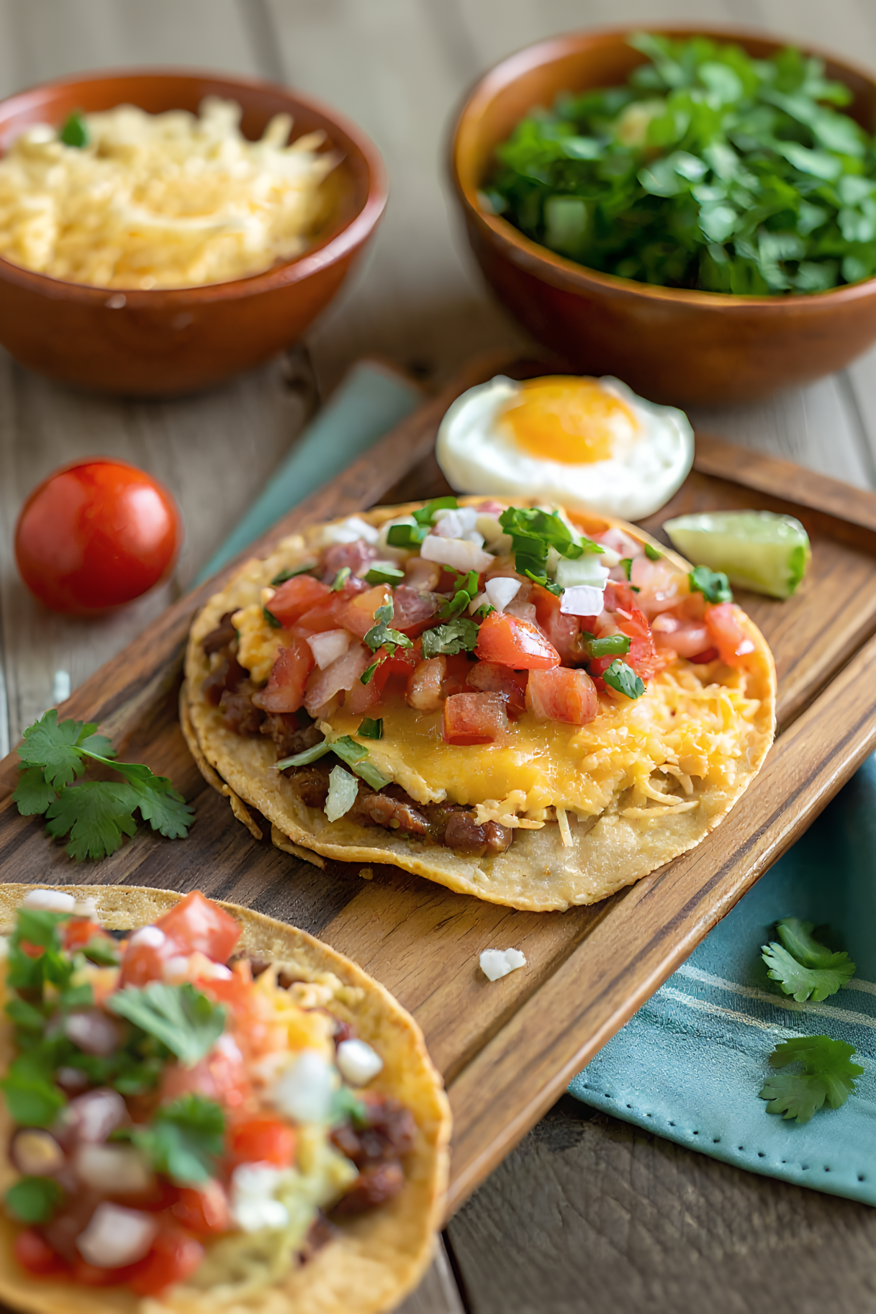 Close view of crisp breakfast tostadas