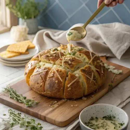 Cheesy garlic pull apart bread with melted mozzarella and cheddar