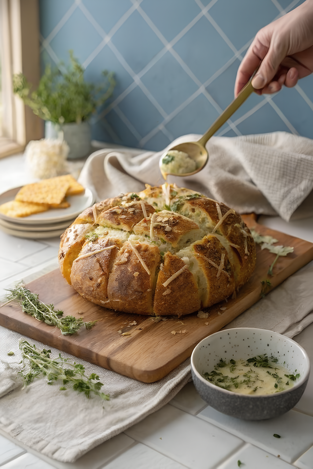 Cheesy garlic pull apart bread with melted mozzarella and cheddar