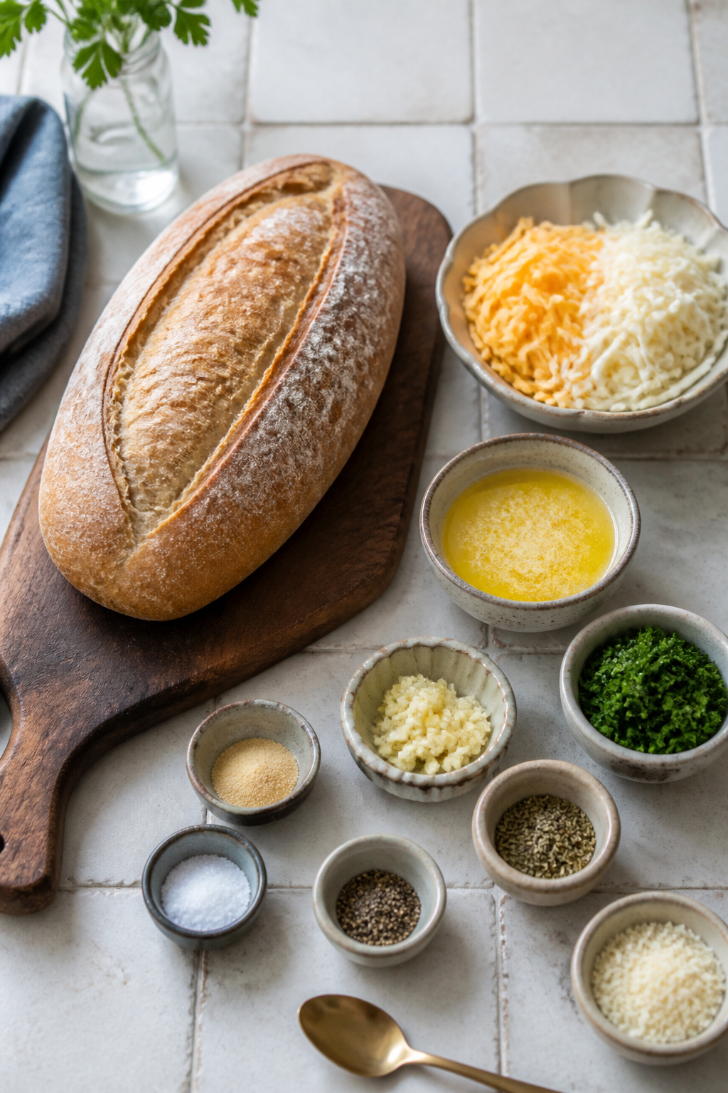 Cheesy garlic pull apart bread ingredients on a warm kitchen counter