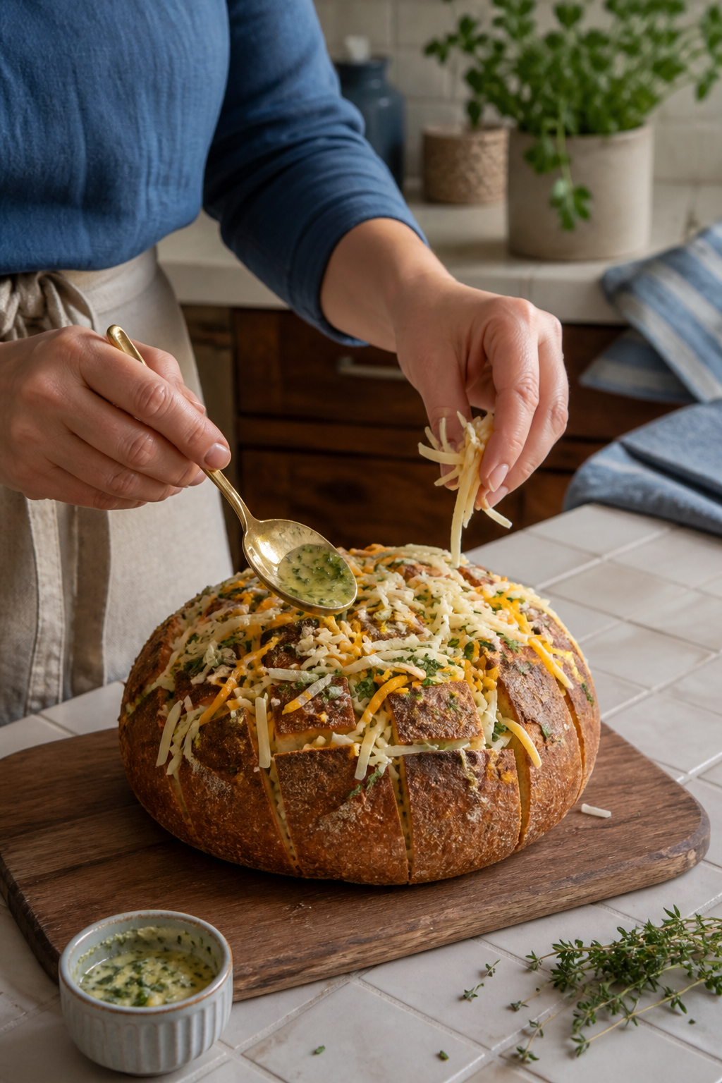 Garlic butter and cheese being tucked into a scored bread loaf