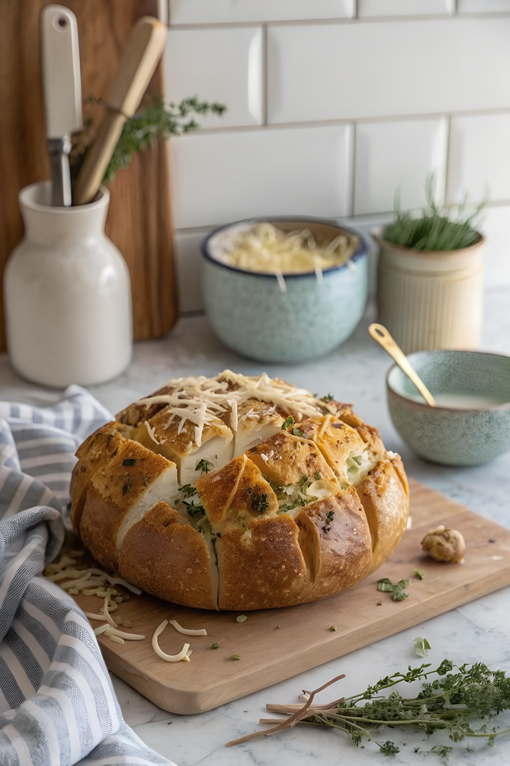 Warm cheesy garlic pull apart bread ready for sharing