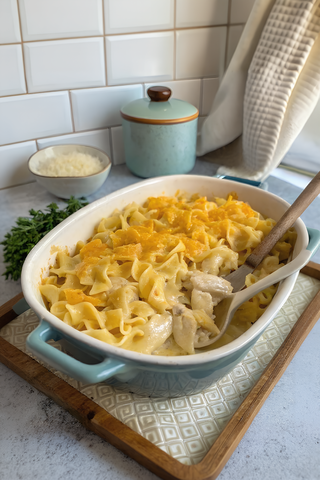 Creamy chicken noodle casserole with melted cheddar
