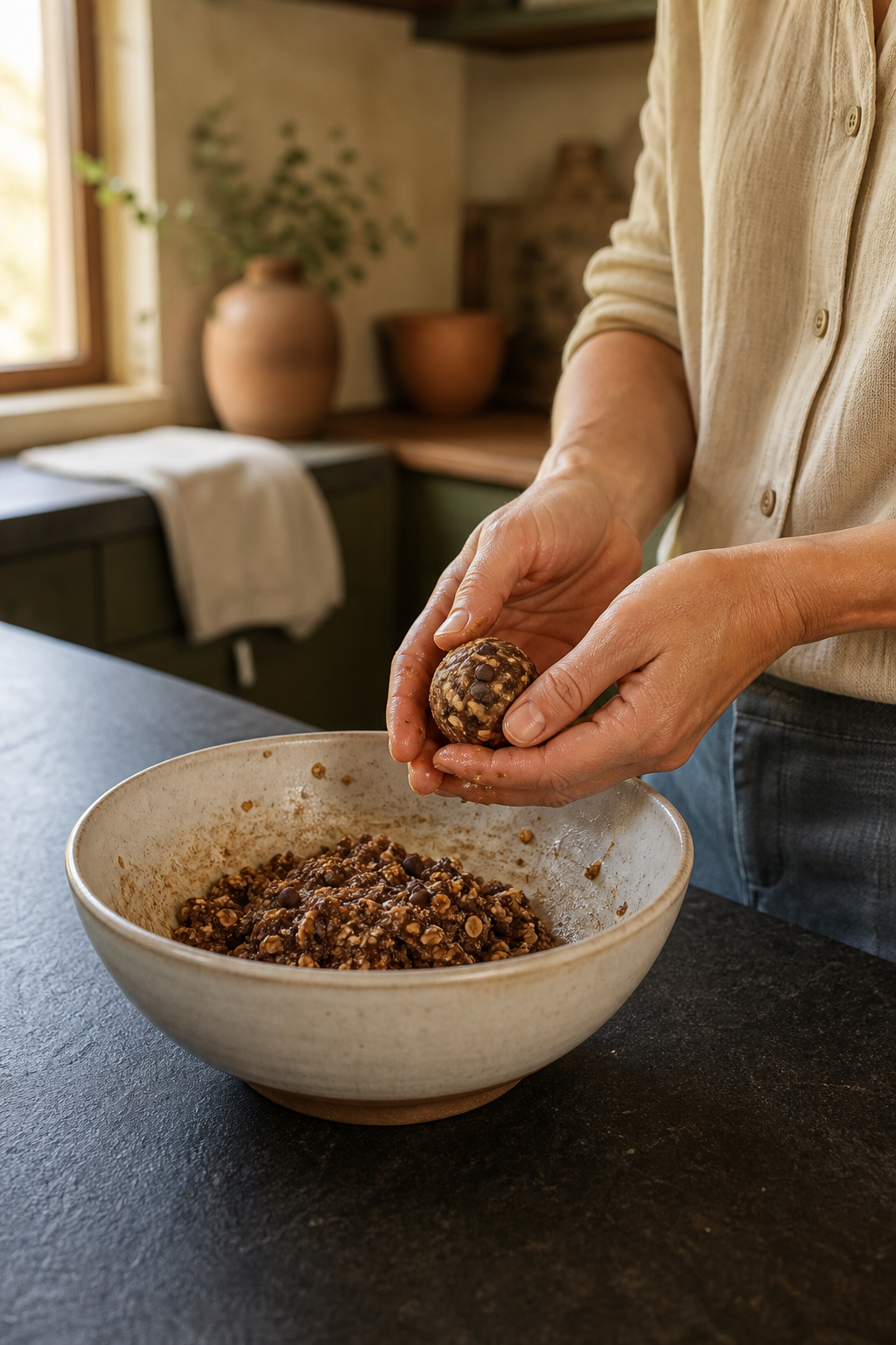 Preparing chocolate peanut butter protein balls in the reserved kitchen scene