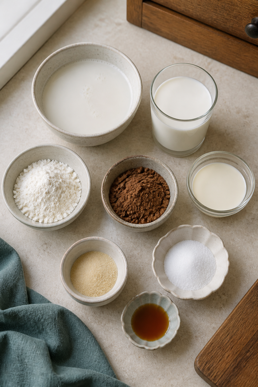 chocolate protein jello ingredients arranged for preparation