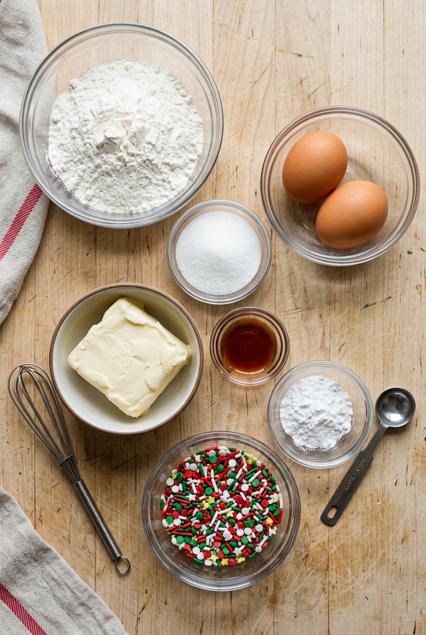 Measured ingredients for christmas sugar cookie bars