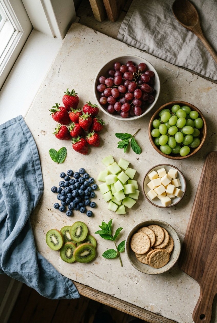 Ingredients measured for dinner party centerpiece fruit platter
