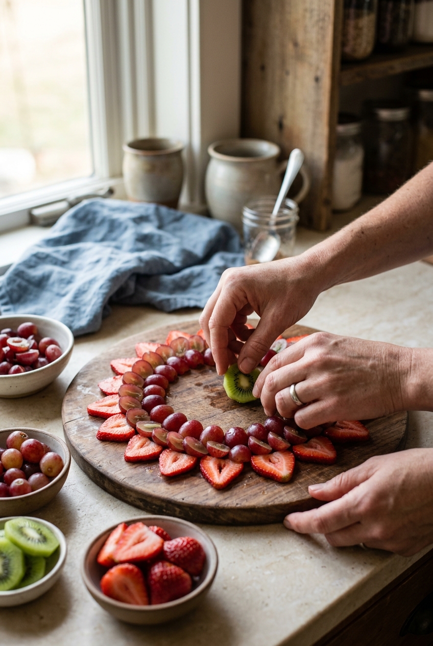Preparing dinner party centerpiece fruit platter