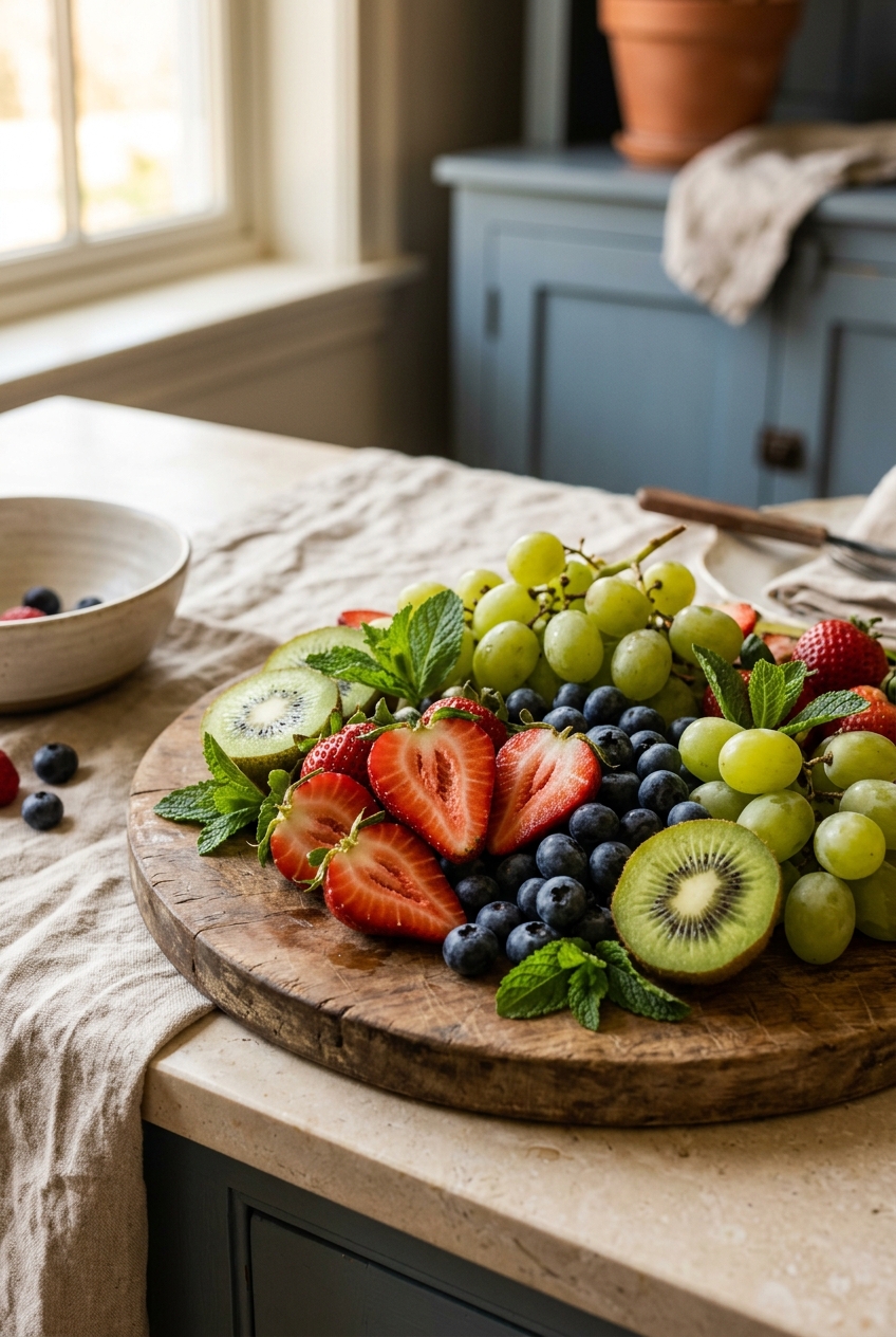 Close view of the finished dinner party centerpiece fruit platter