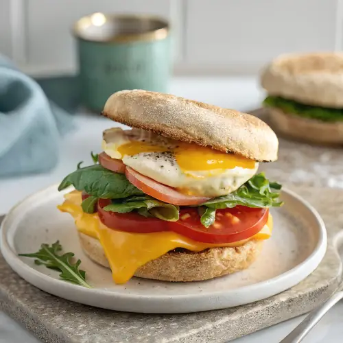 Egg and cheese breakfast sandwich on an English muffin