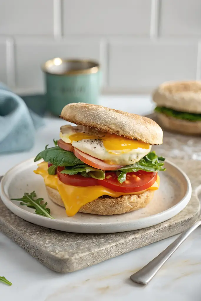 Egg and cheese breakfast sandwich on an English muffin