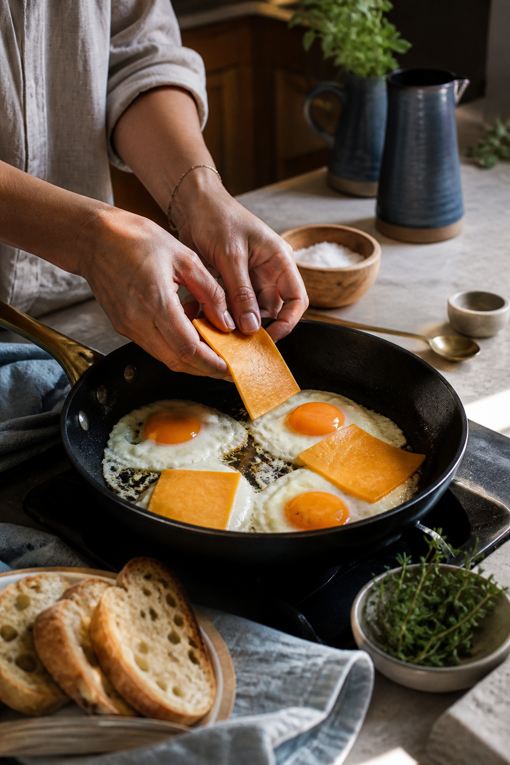 Cheddar melting over skillet eggs