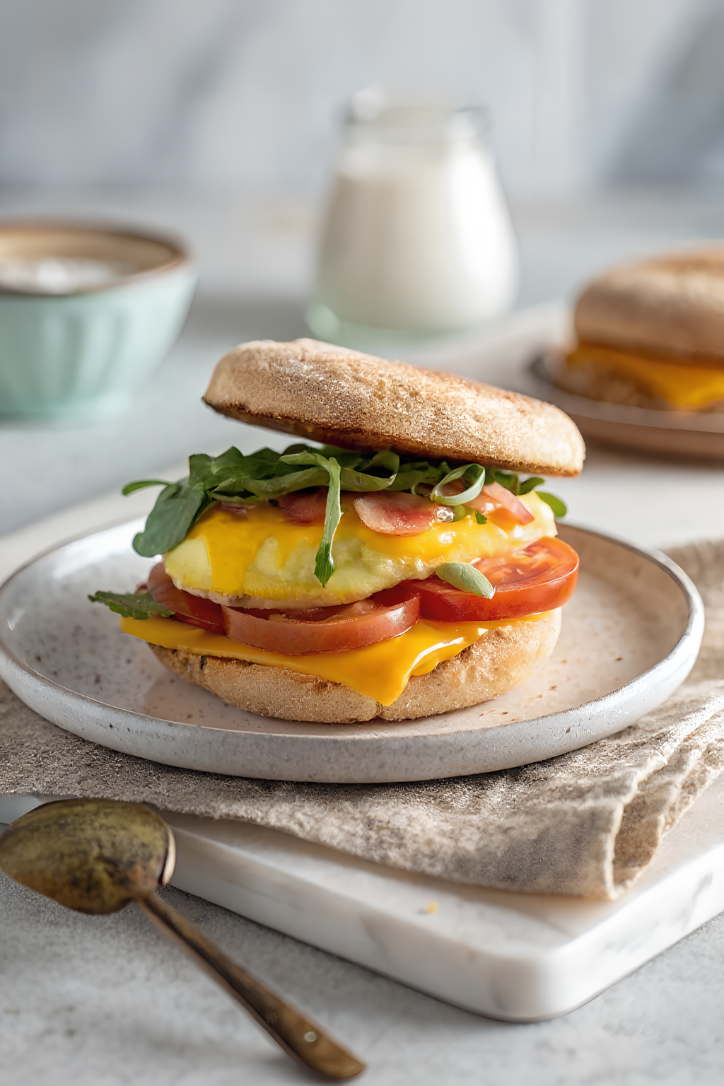 Close egg and cheese English muffin sandwich