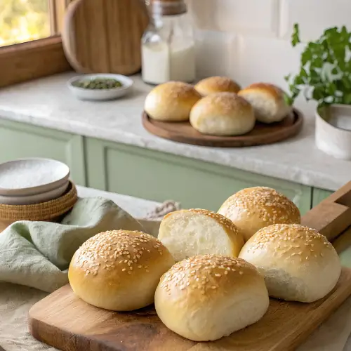 Finished egg-free gluten-free bread rolls in the reserved kitchen scene