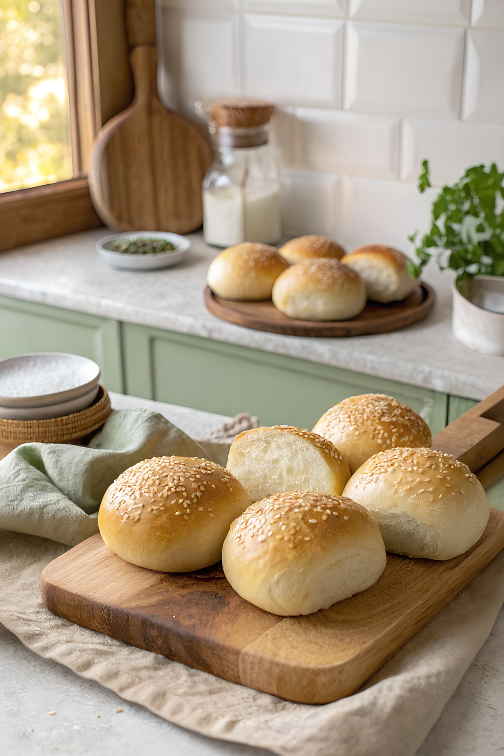 Finished egg-free gluten-free bread rolls in the reserved kitchen scene