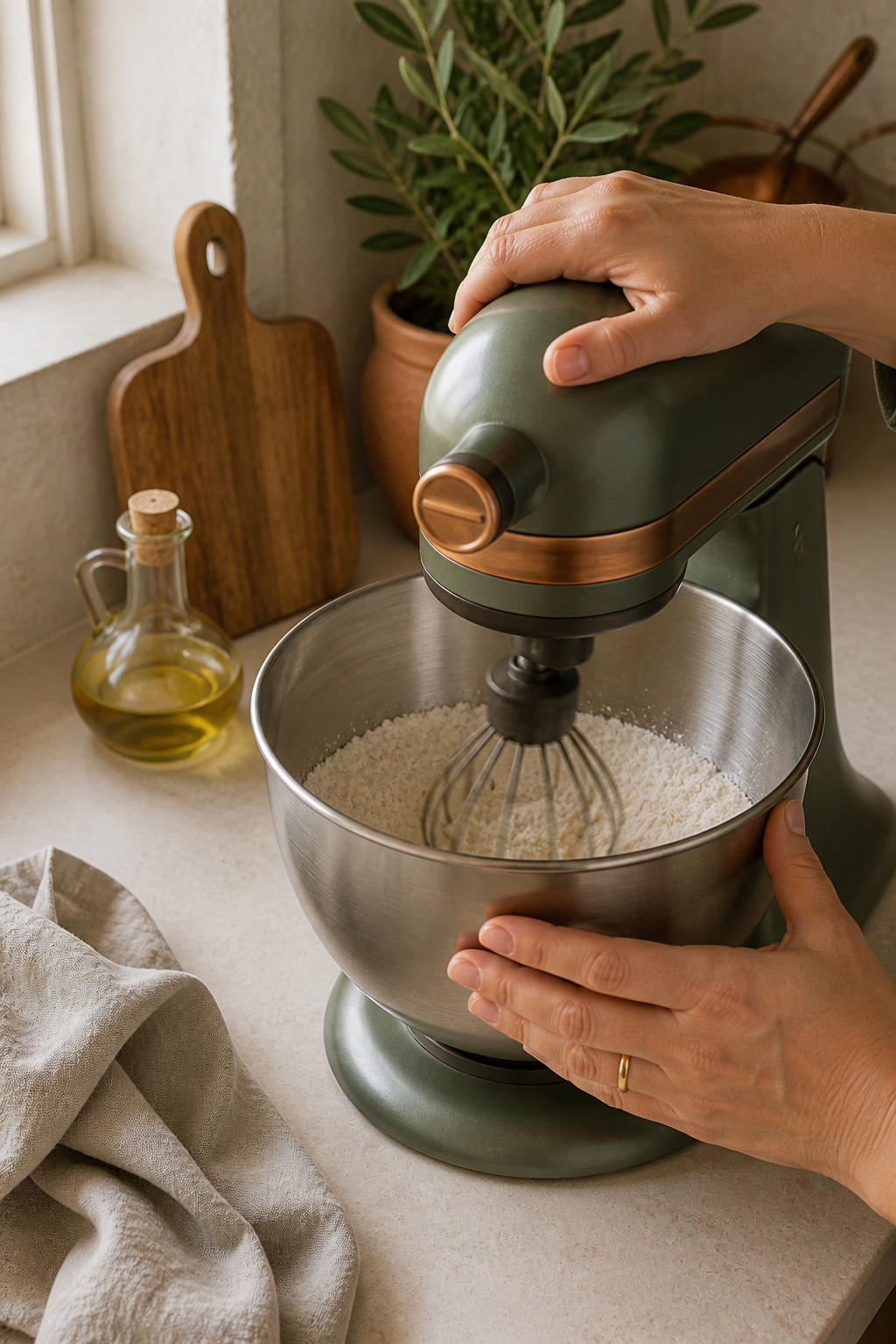 Preparing egg-free gluten-free bread rolls in the reserved kitchen scene