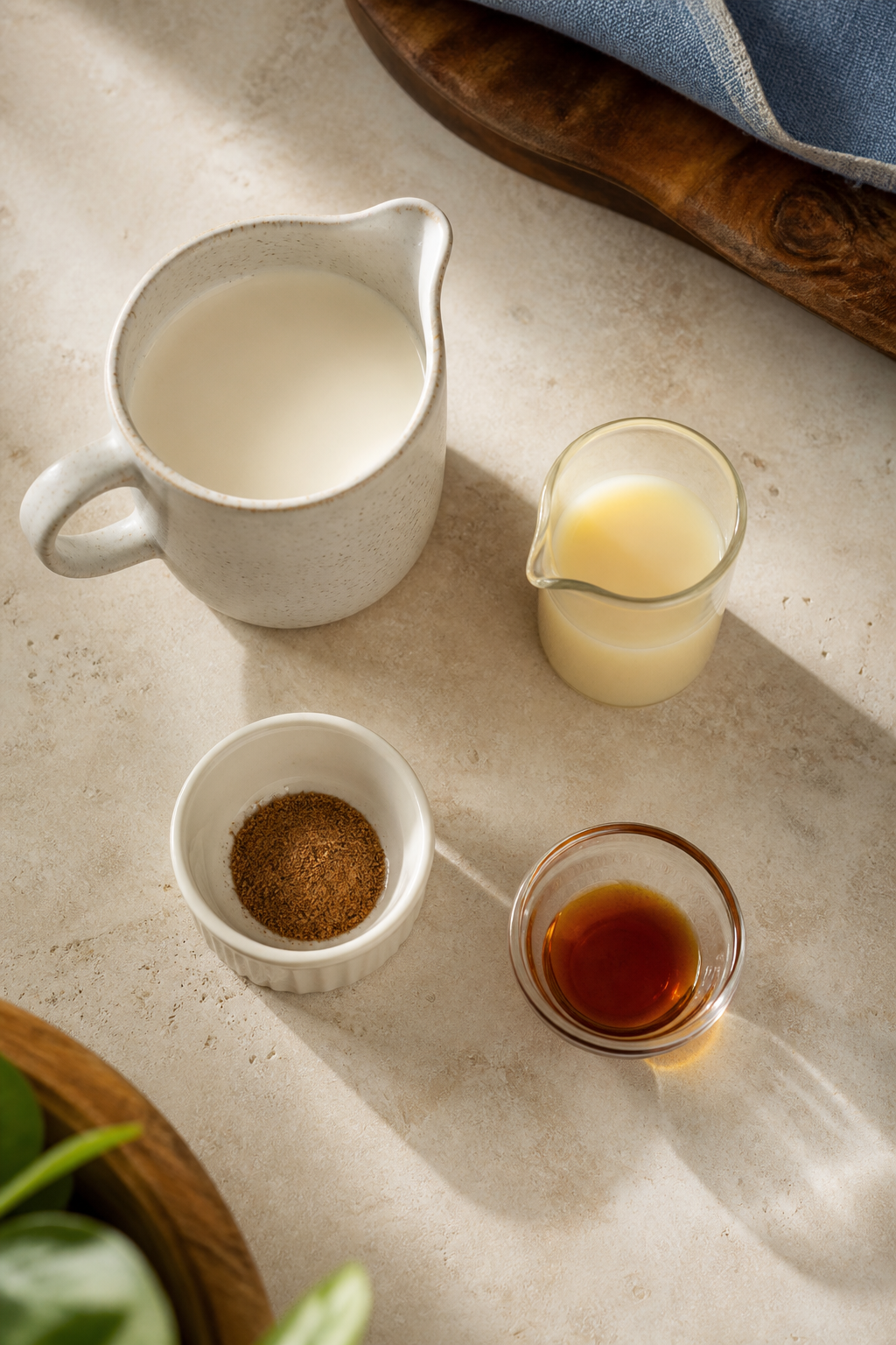 eggnog martini ingredients measured on a cream kitchen counter