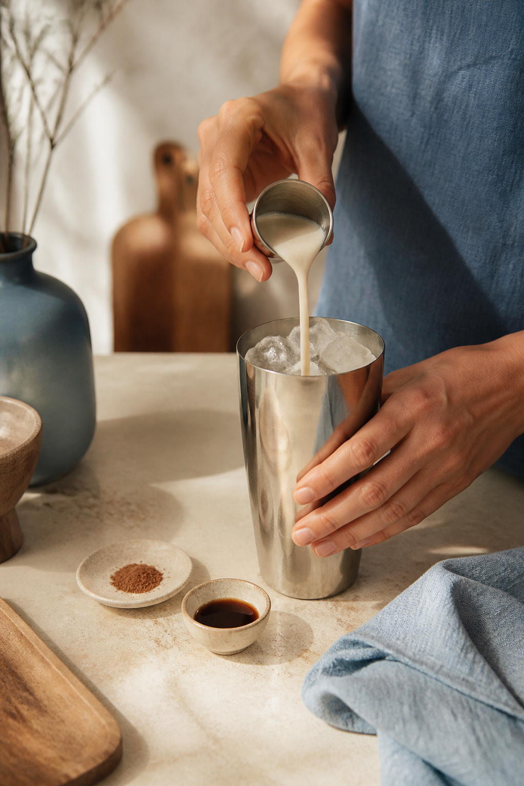 eggnog martini mixture being poured into an ice-filled shaker