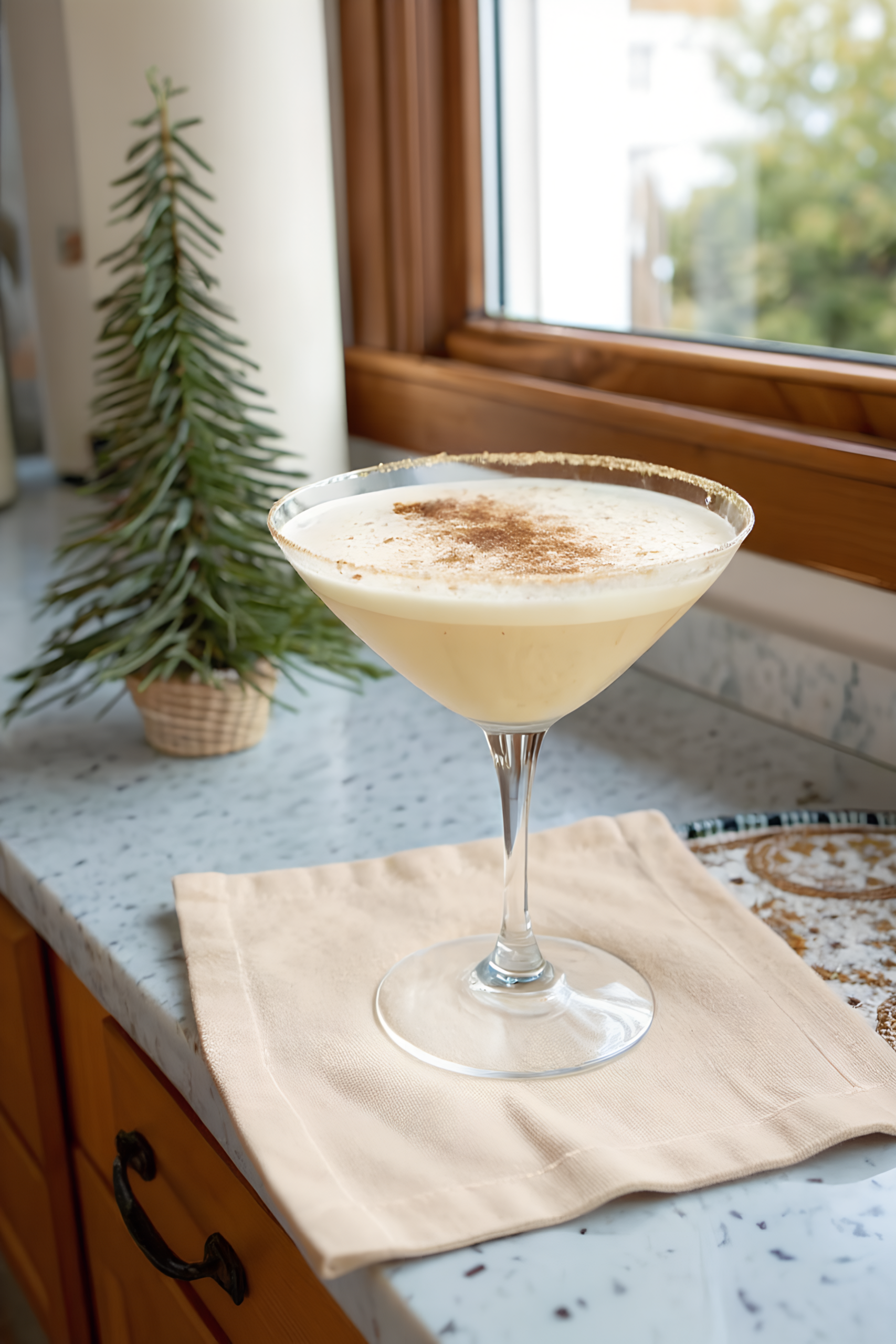 creamy eggnog martini served in a chilled cocktail glass
