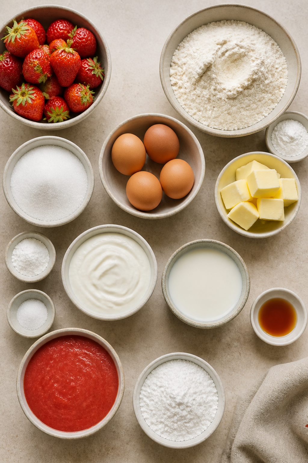 strawberry cake ingredients measured and arranged