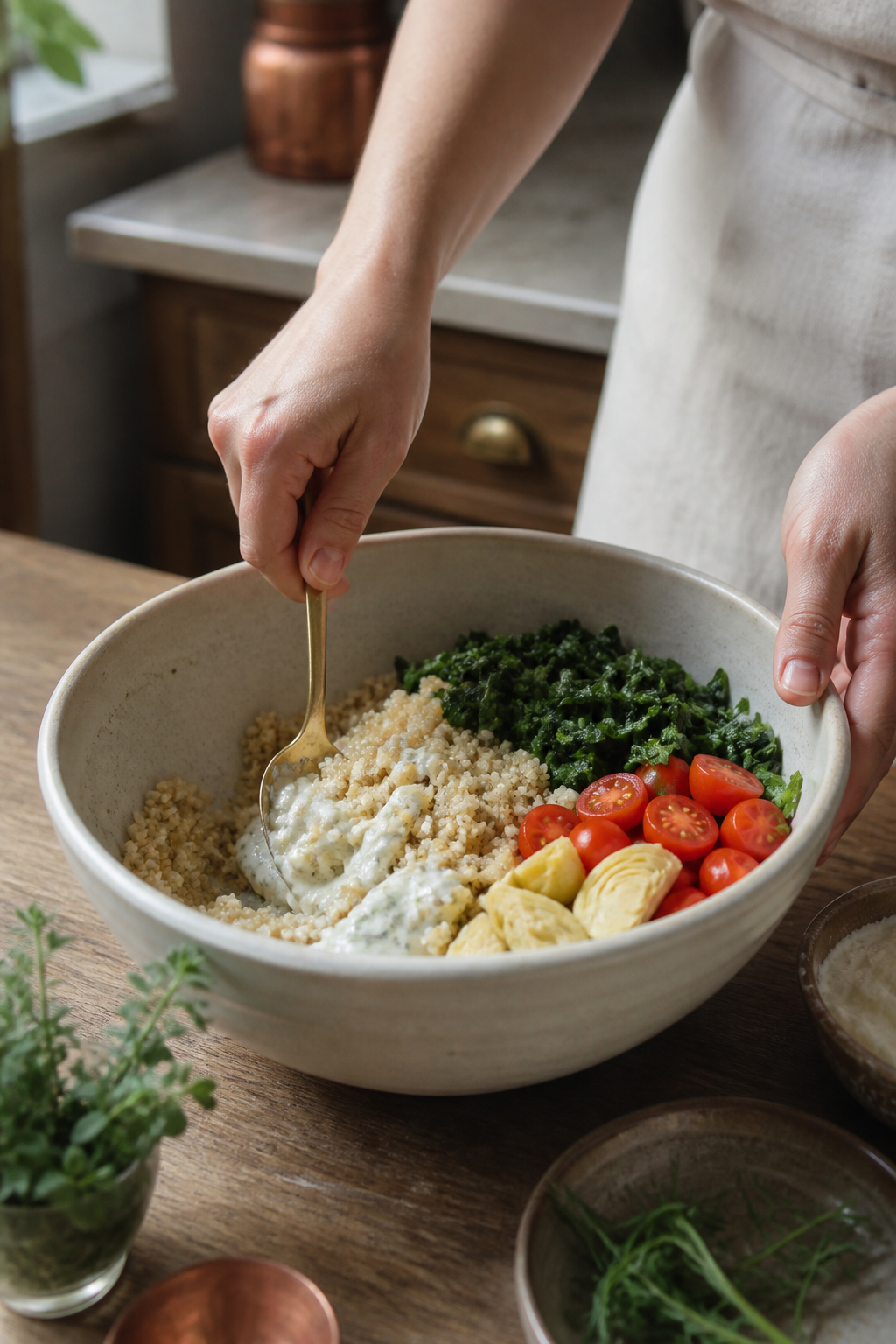 Folding feta sauce into quinoa and vegetables