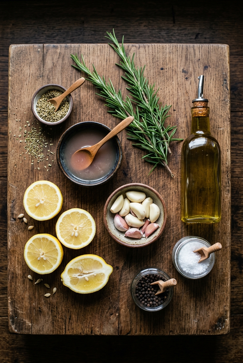 Measured ingredients for lemon garlic chicken marinade