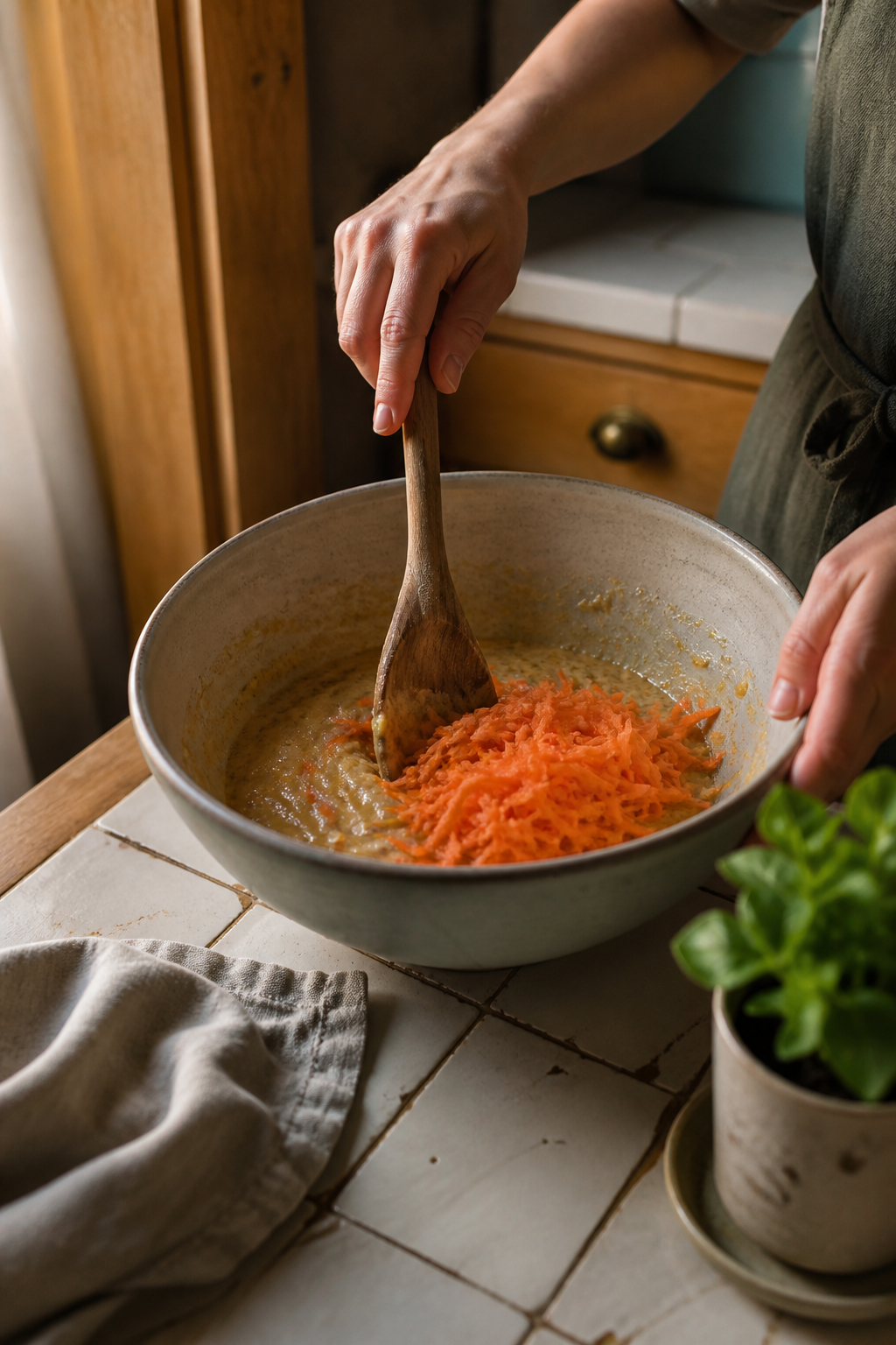 Preparing healthy carrot flax muffins in the reserved kitchen scene